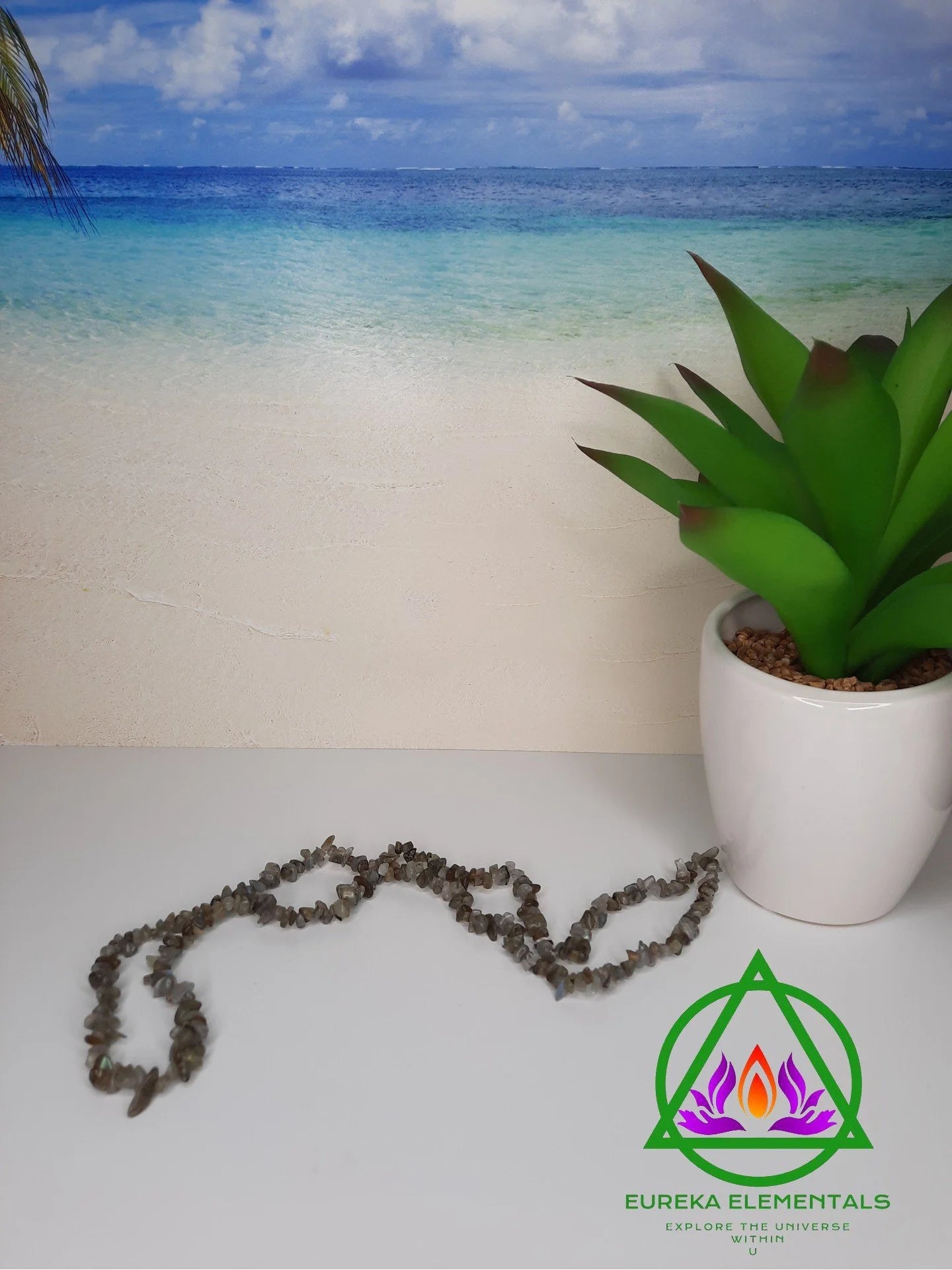 Labradorite Necklace resting on a white foreground next to a potted plant with a beach background. 