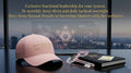 Pink hat and key along with a book with a tarot card on it with text explaining what the Private Directorship offers with a city view in the background. 