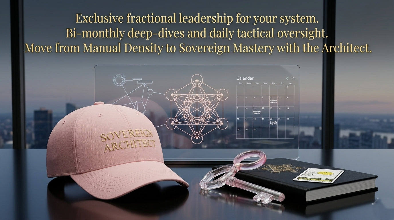 Pink hat and key along with a book with a tarot card on it with text explaining what the Private Directorship offers with a city view in the background. 