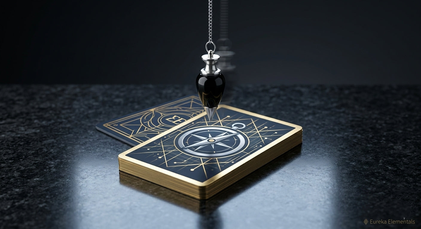 Tarot Cards with a crystal hung over them sitting on top of a black marble countertop. 