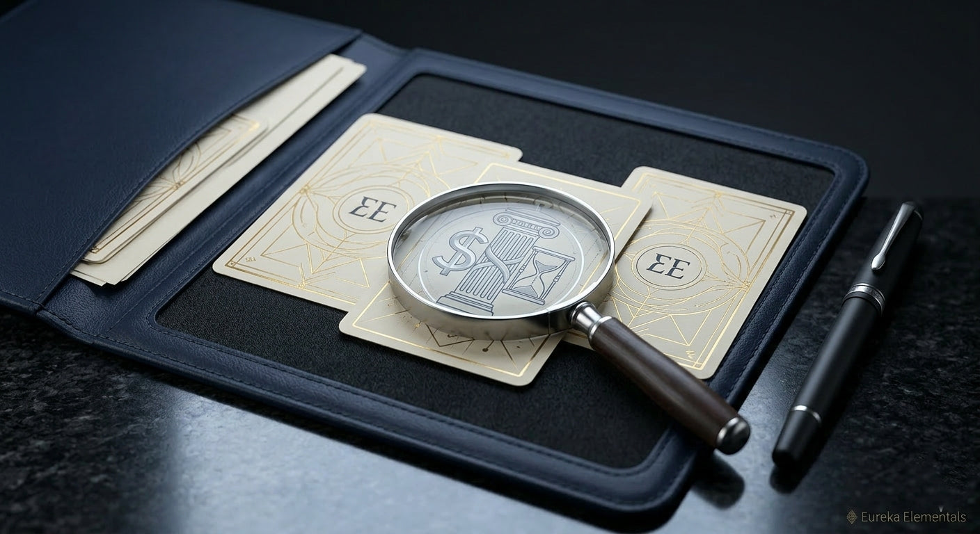 An open folder with tarot cards lying on top of it with a magnifying glass over the middle card all on top of a black marble countertop. 