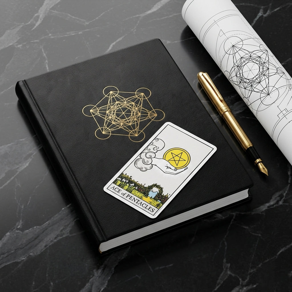 Book with the Ace of Pentacles on top of it with a pen to the book's side over a black marble background. 